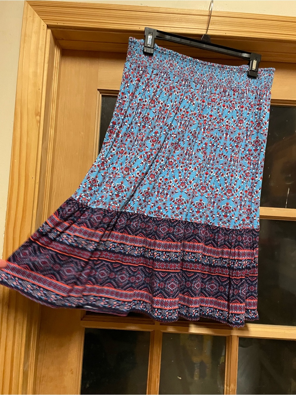 St. John's Bay Light Blue Floral Midi Skirt with Navy Border